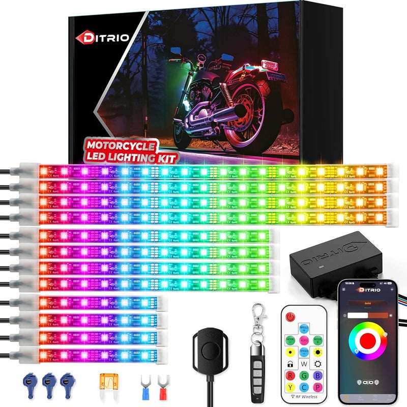 DITRIO 12PCS Motorcycle Led Lights with Brake Turn Signal,Underglow Light Kits with APP/RF Remote Control, Dual Zone,Waterproof,12V Pixelglow Led RGB Lights for Motorcycles, Golf Carts, ATVs, UTVs - Image 1